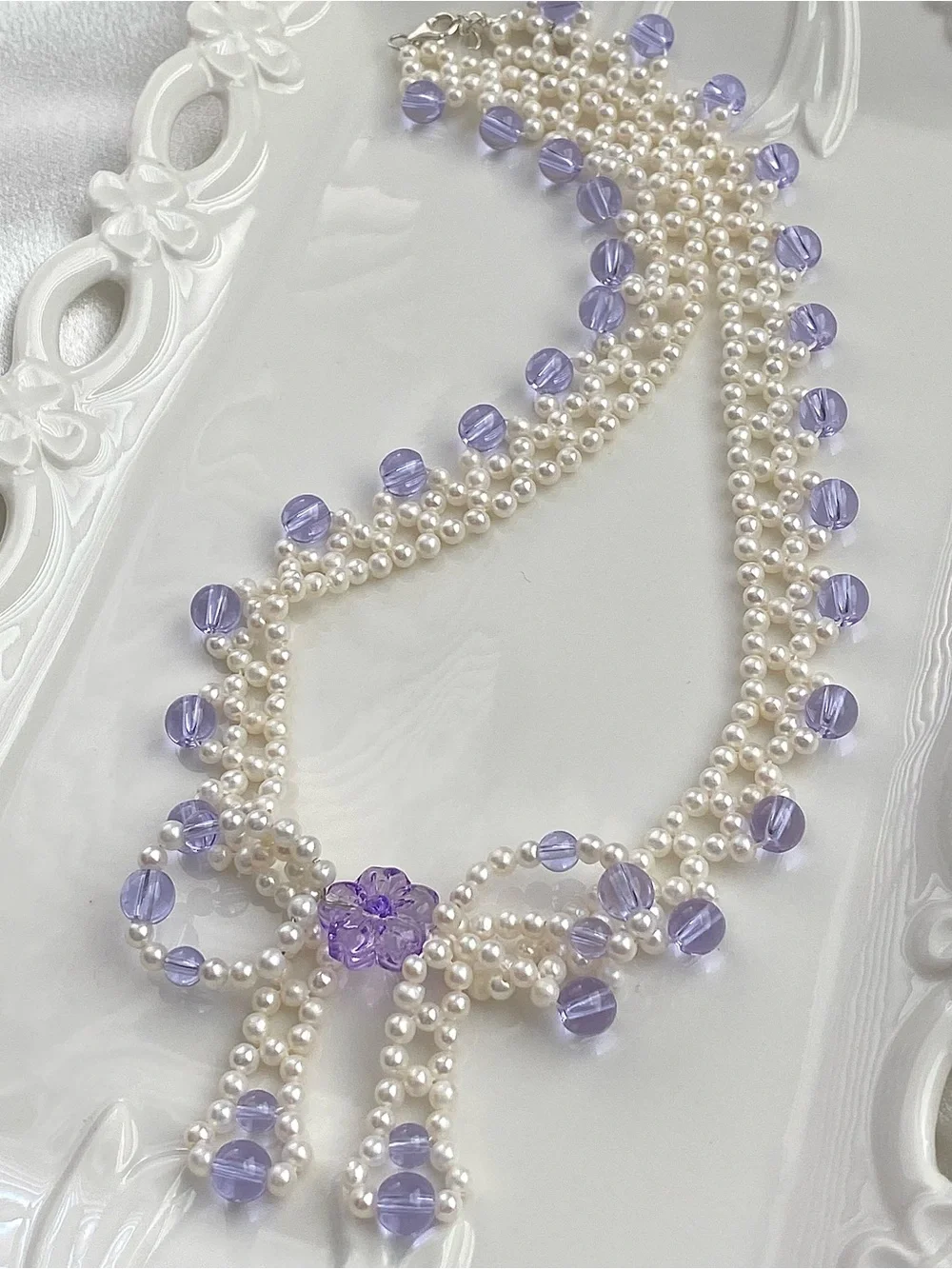 GP88-Handmade Braided High Quality Round Baby Pearl And Amethyst Bow Necklace
